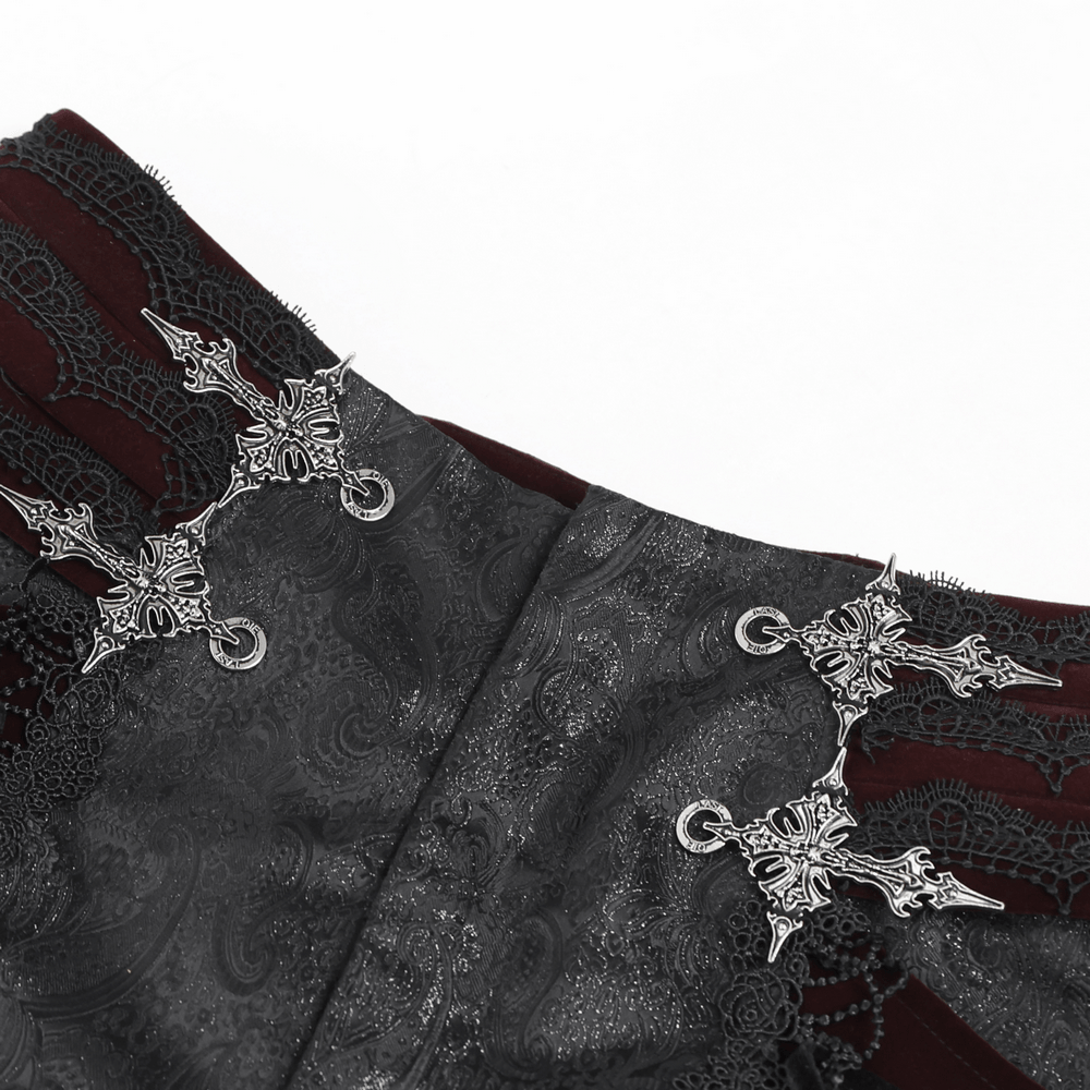 Gothic Lace Up Brocade Pants With Burgundy Panels
