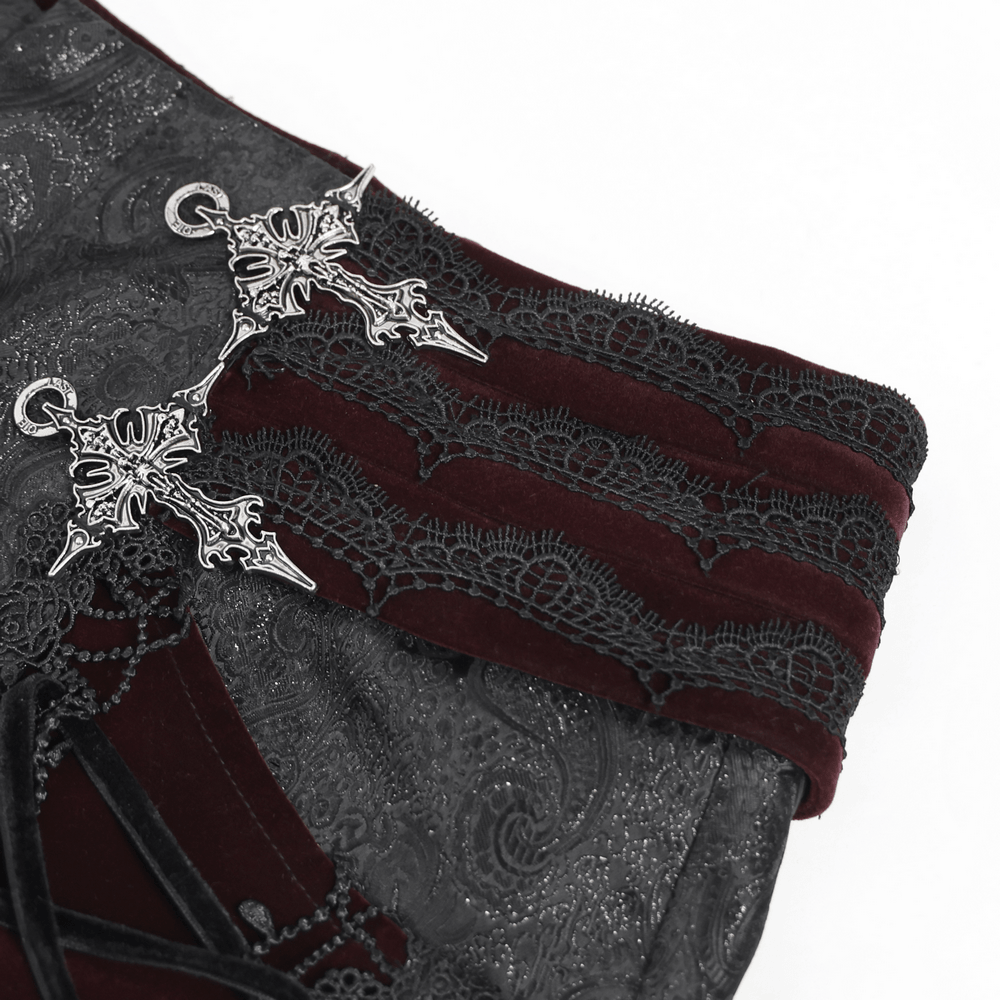 Gothic Lace Up Brocade Pants With Burgundy Panels