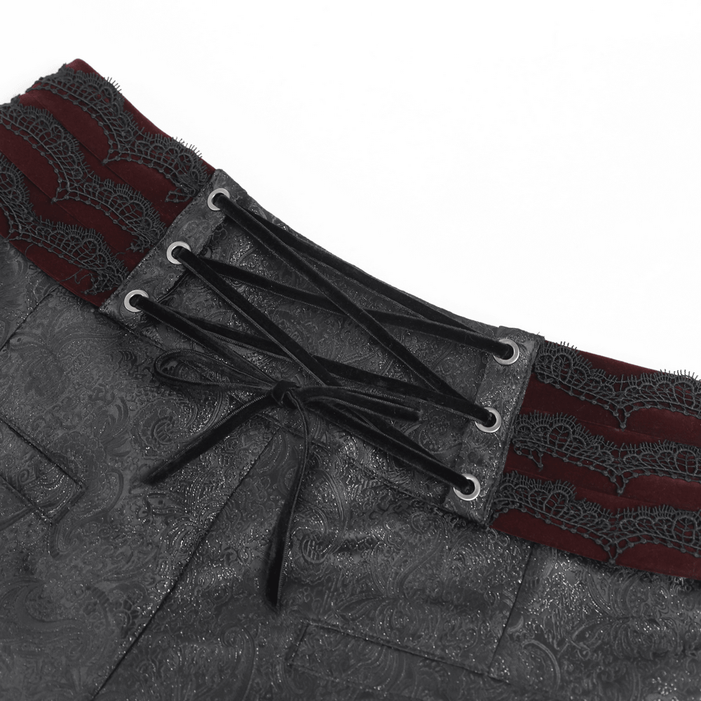 Gothic Lace Up Brocade Pants With Burgundy Panels