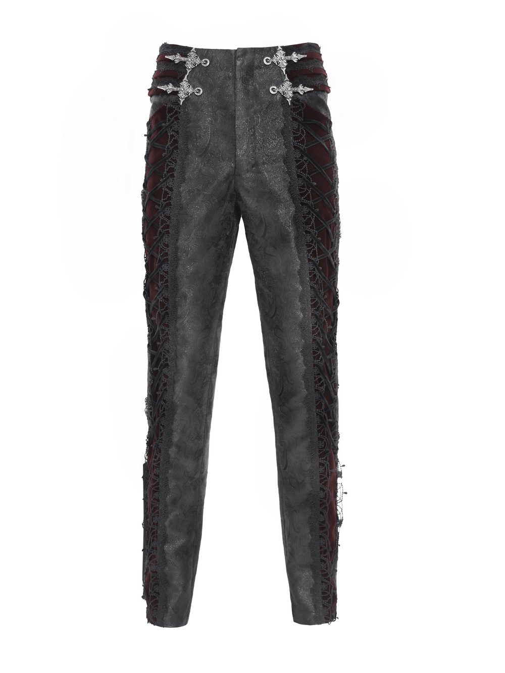 Gothic Lace Up Brocade Pants With Burgundy Panels