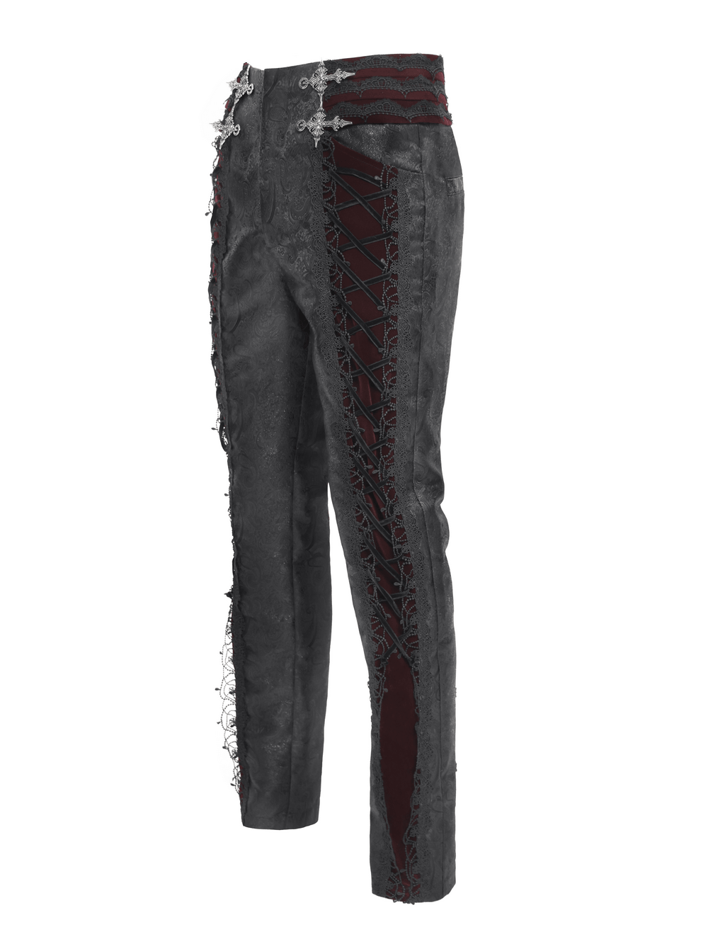 Gothic Lace Up Brocade Pants With Burgundy Panels