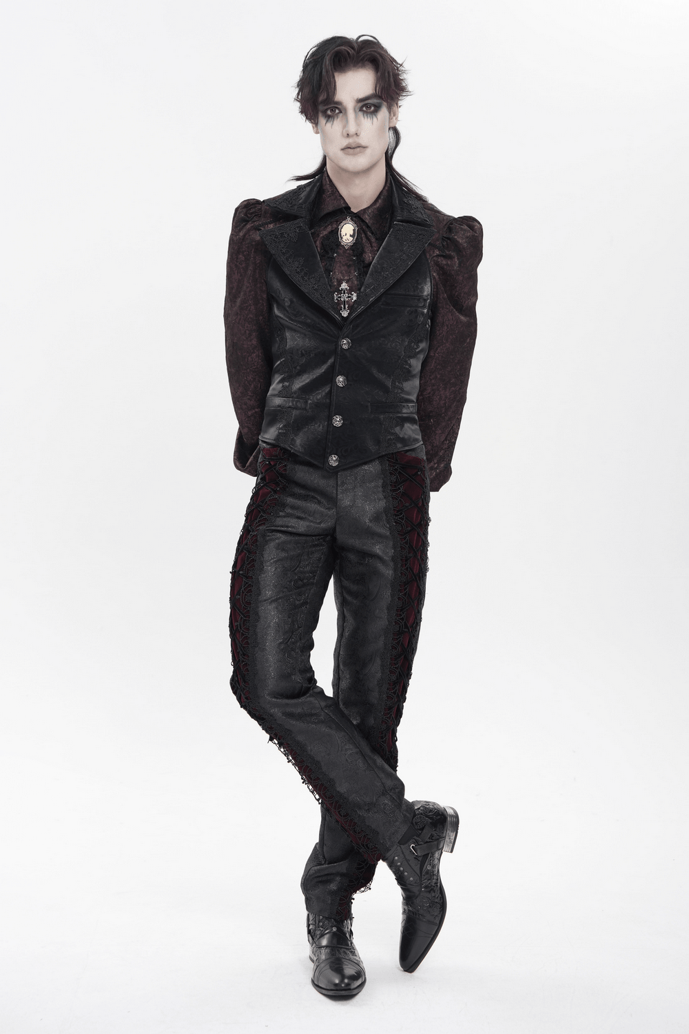 Gothic Lace Up Brocade Pants With Burgundy Panels