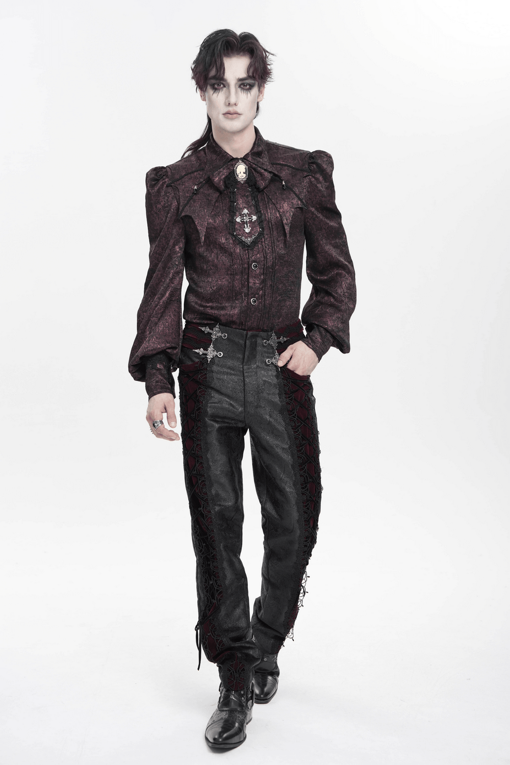 Gothic Lace Up Brocade Pants With Burgundy Panels