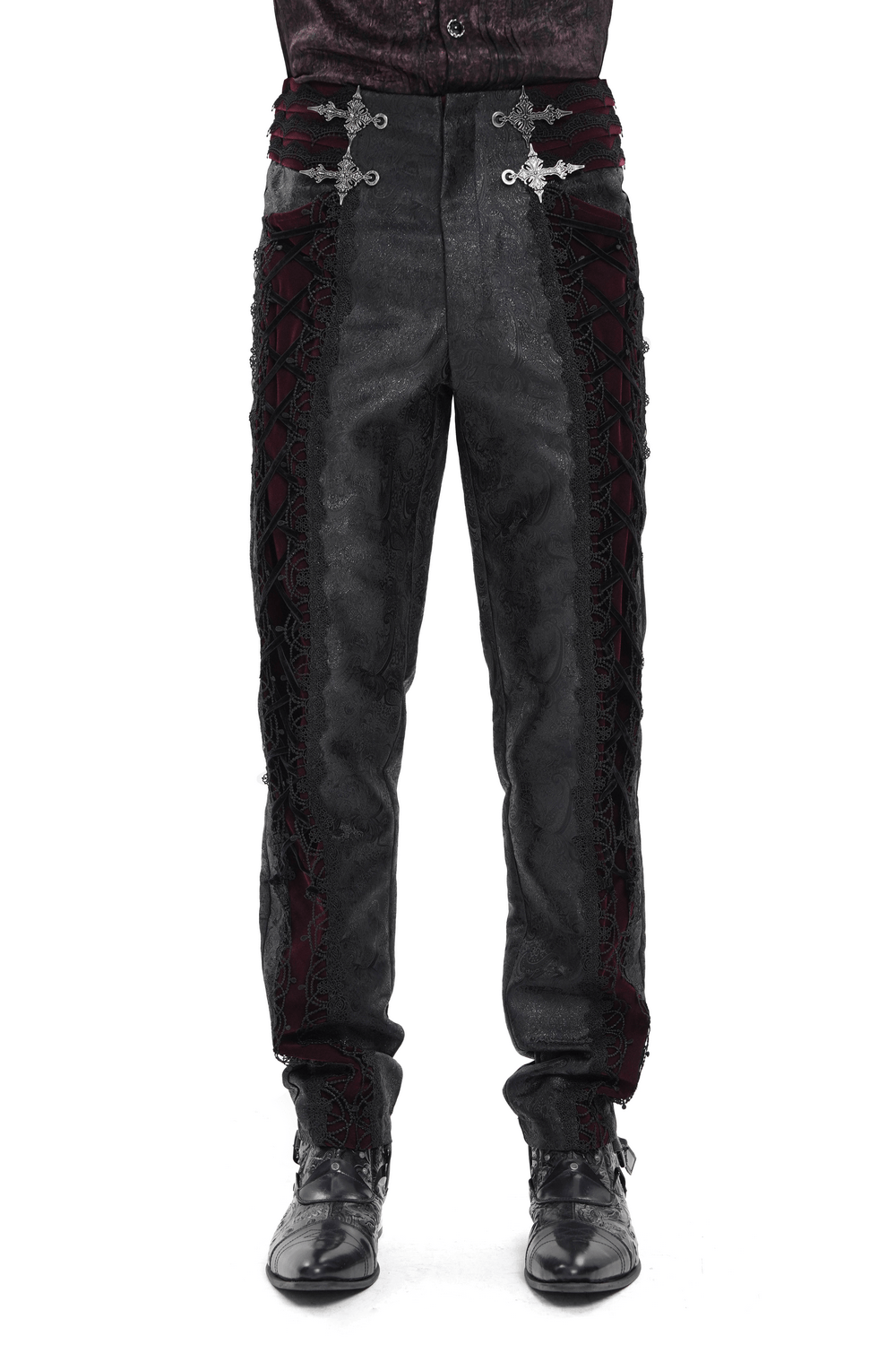 Gothic Lace Up Brocade Pants With Burgundy Panels