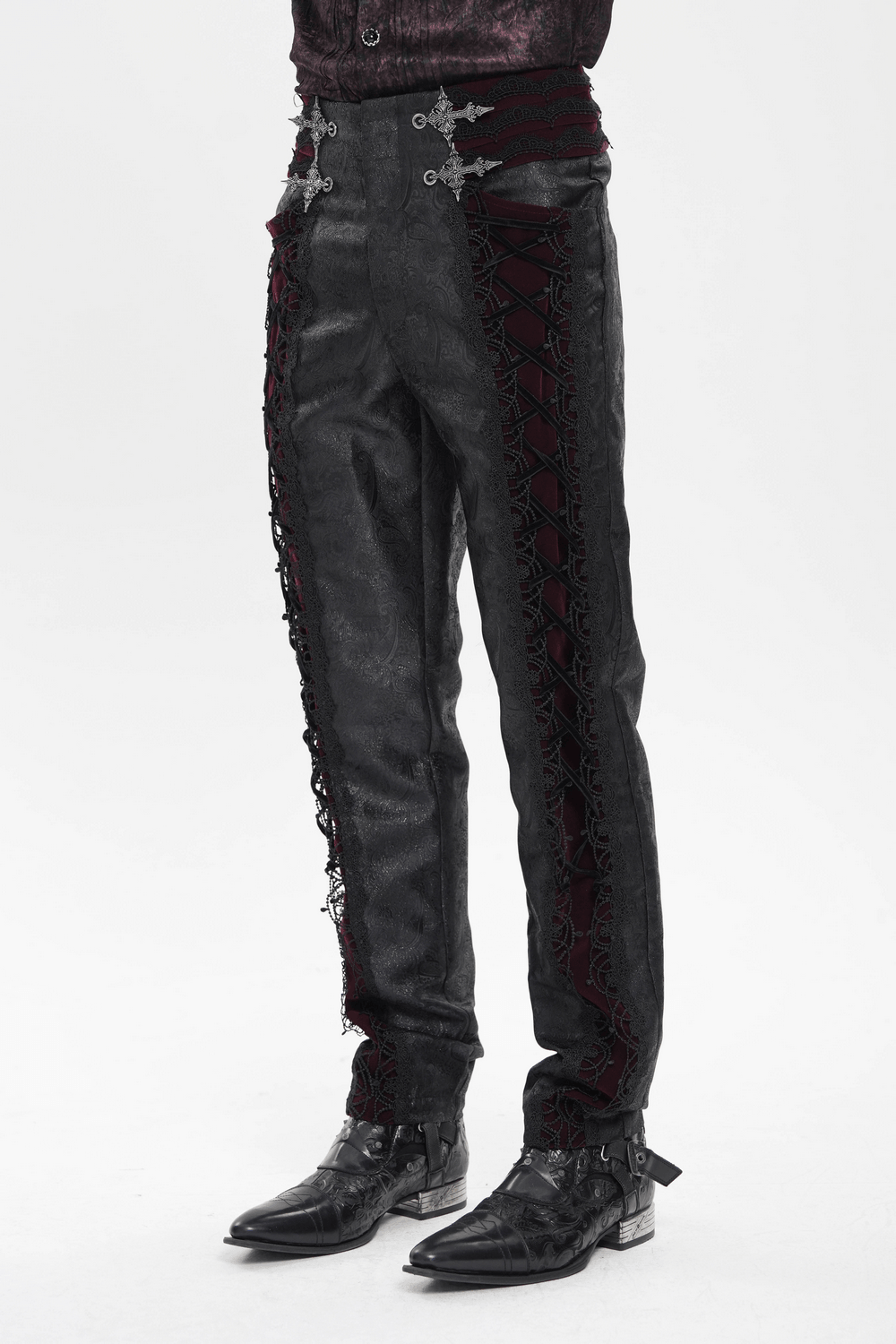 Gothic Lace Up Brocade Pants With Burgundy Panels