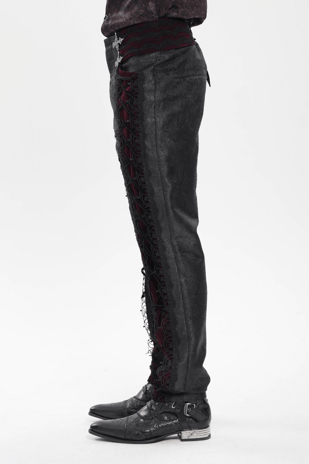 Gothic Lace Up Brocade Pants With Burgundy Panels