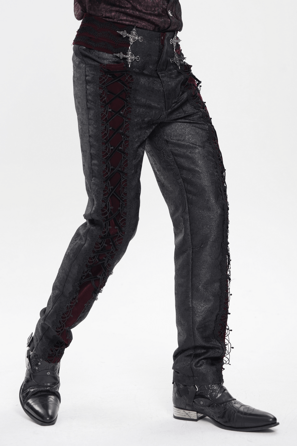 Gothic Lace Up Brocade Pants With Burgundy Panels