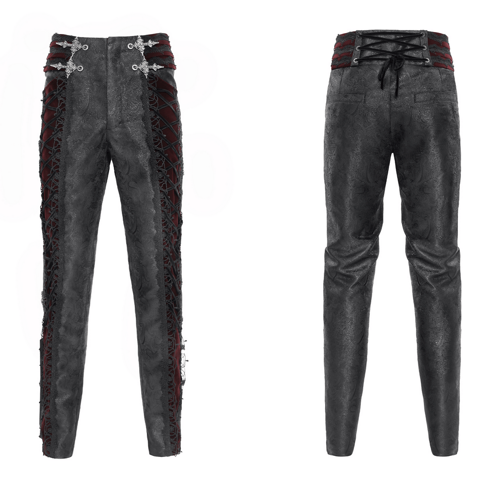 Gothic Lace Up Brocade Pants With Burgundy Panels