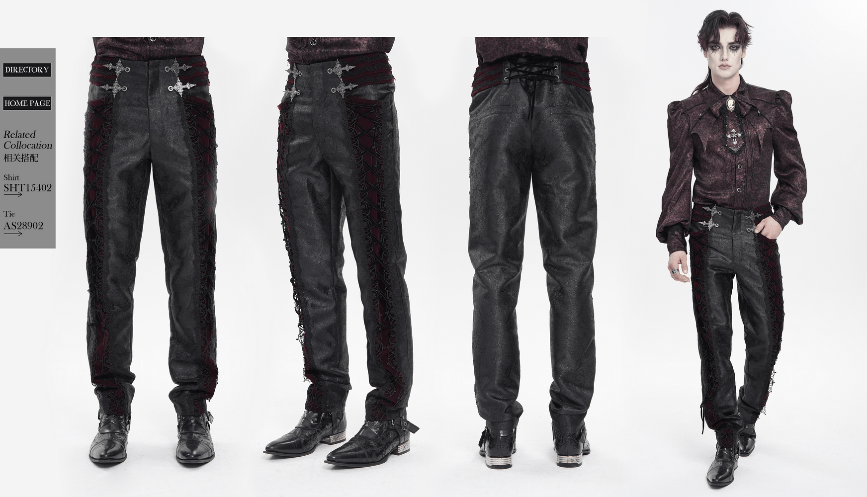 Gothic Lace Up Brocade Pants With Burgundy Panels
