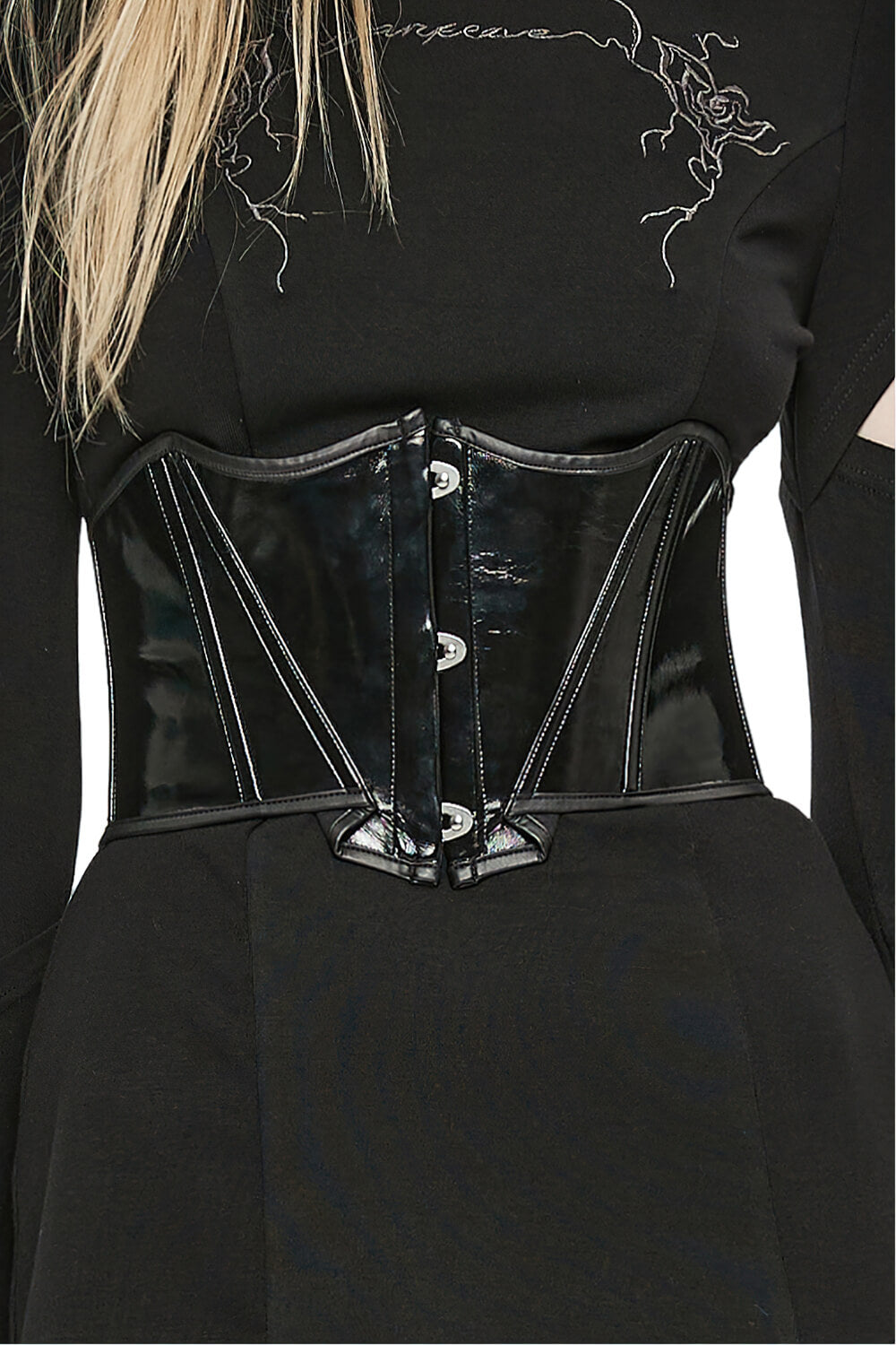 Gothic Lace-Up Cincher featuring black vinyl and skull buttons, perfect for edgy dark fairy outfits.