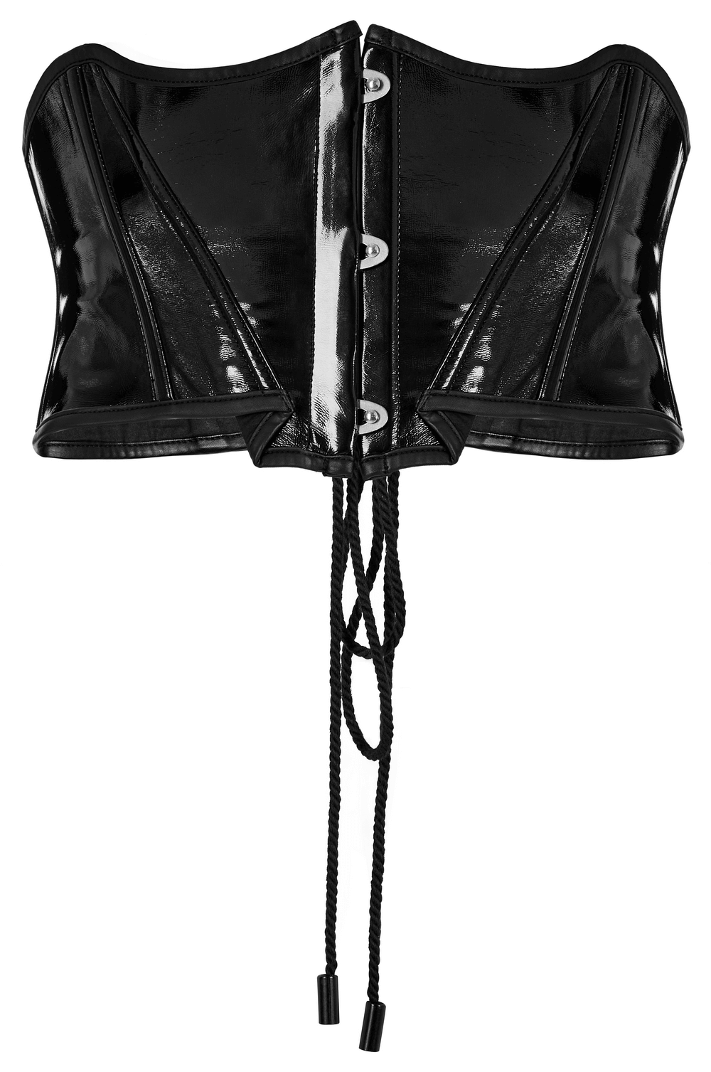 Gothic lace-up cincher corset in black vinyl with bat-shaped collar and skull buttons for a punk rock look.