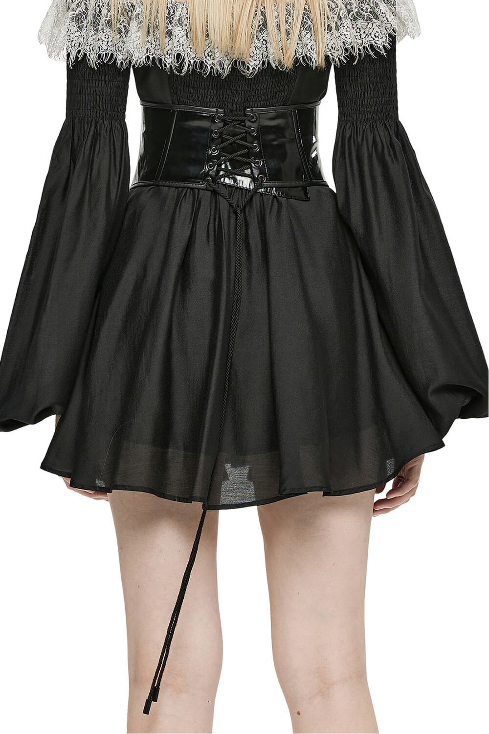 Back view of a gothic lace-up cincher with bat collar and flowing black skirt.