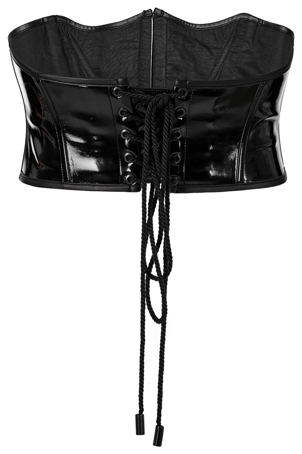 Gothic lace-up cincher in shiny black vinyl, featuring dramatic collar and edgy fashion design.