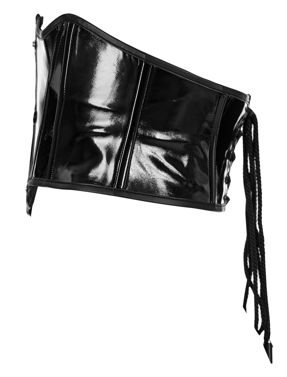 Gothic lace-up cincher featuring shiny black vinyl and edgy corset design, perfect for a dark elegance look.
