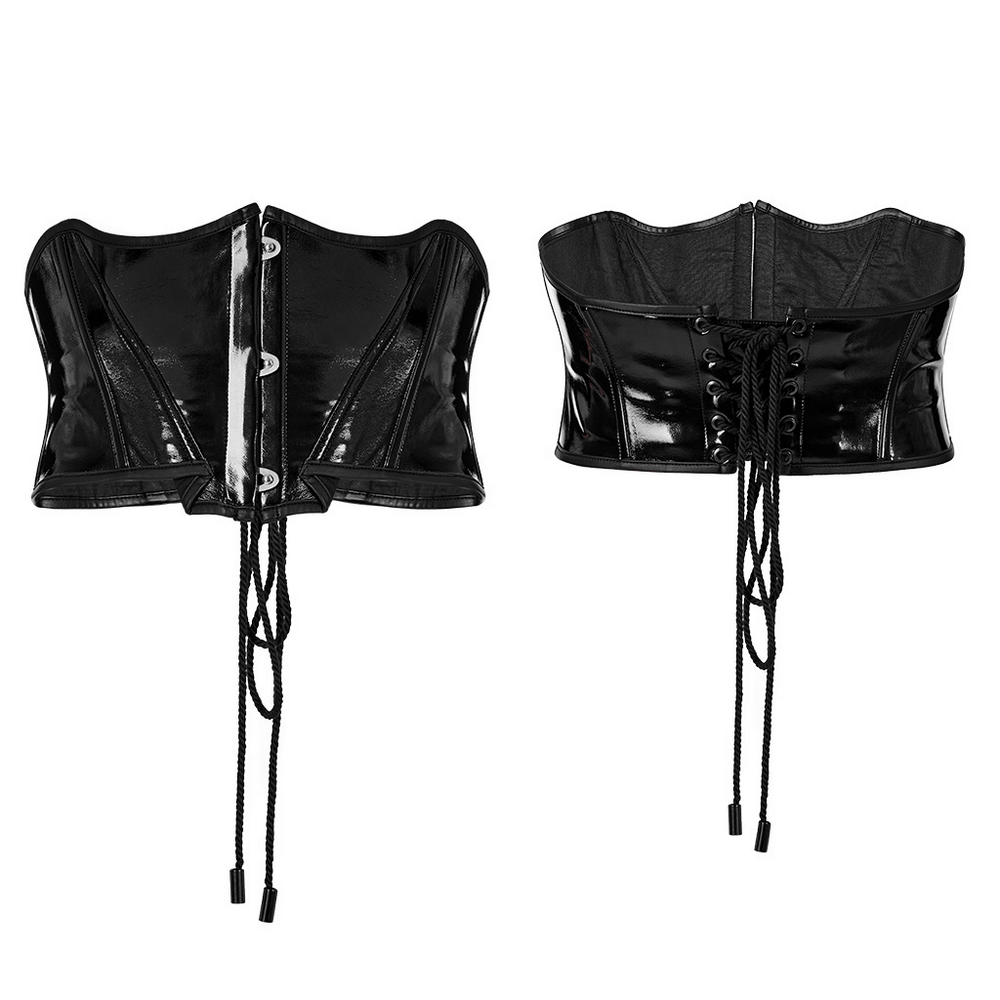 Gothic Lace-Up Cincher in black vinyl with bat-shaped collar and skull buttons, perfect for dark fairy looks.