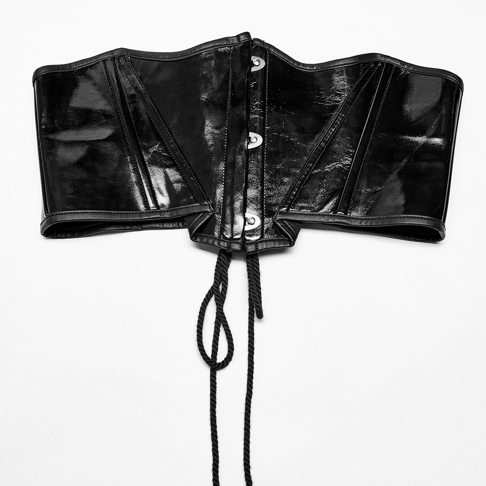Gothic lace-up cincher in shiny black vinyl with dramatic collar and skull buttons for edgy style.