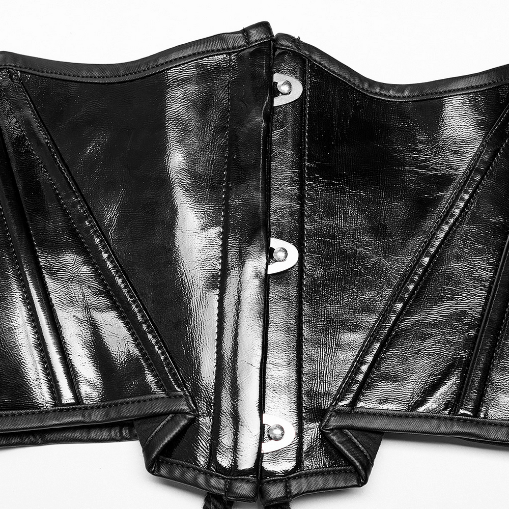 Gothic lace-up cincher with shiny black vinyl, dramatic collar, and skull buttons for a dark punk style.