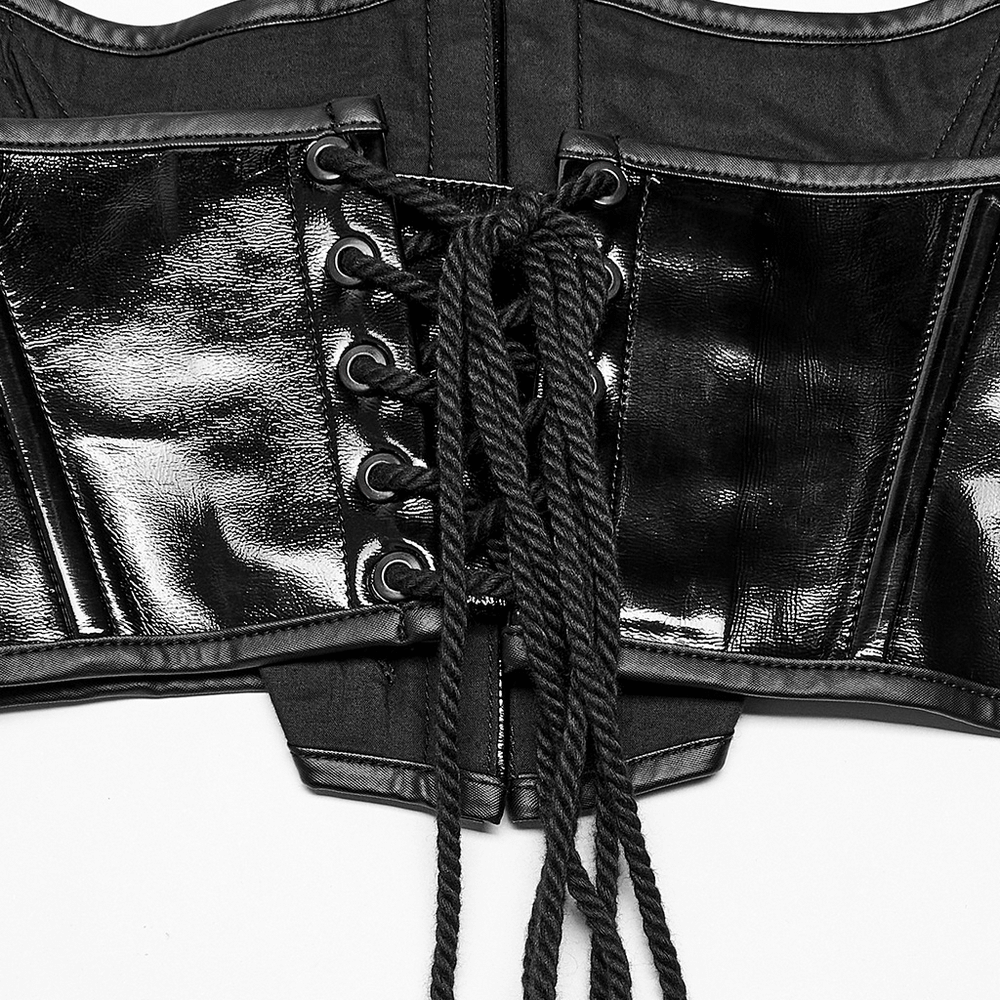 Gothic lace-up cincher with shiny black vinyl and rope laces, embodying dark elegance and punk style.