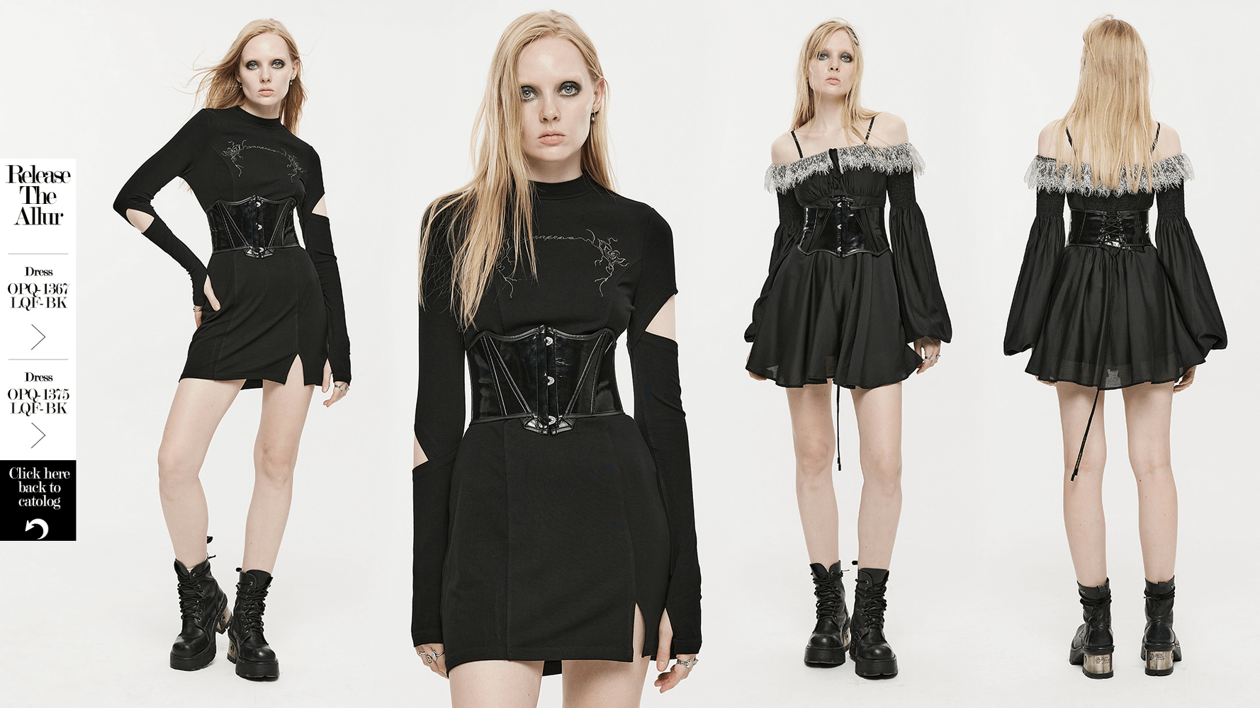 Gothic lace-up cincher with bat collar and skull buttons, styled with edgy black dress and platform boots.