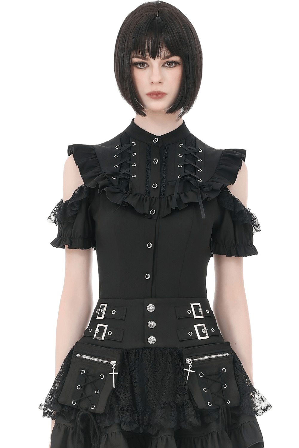 Gothic Lace Up Cold Shoulder Blouse for Women