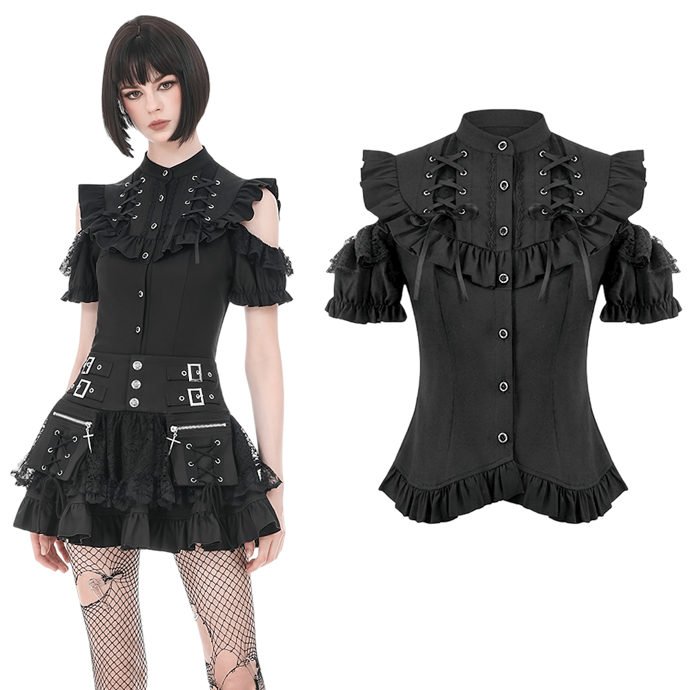 Gothic Lace Up Cold Shoulder Blouse for Women