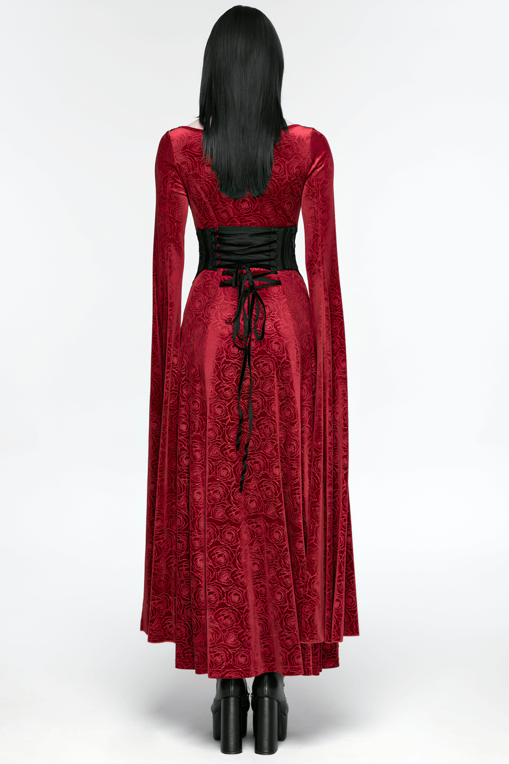Gothic Lace-Up Corset Belt with Embroidery and Cross Details worn with a long red dress from the back showing intricate design.