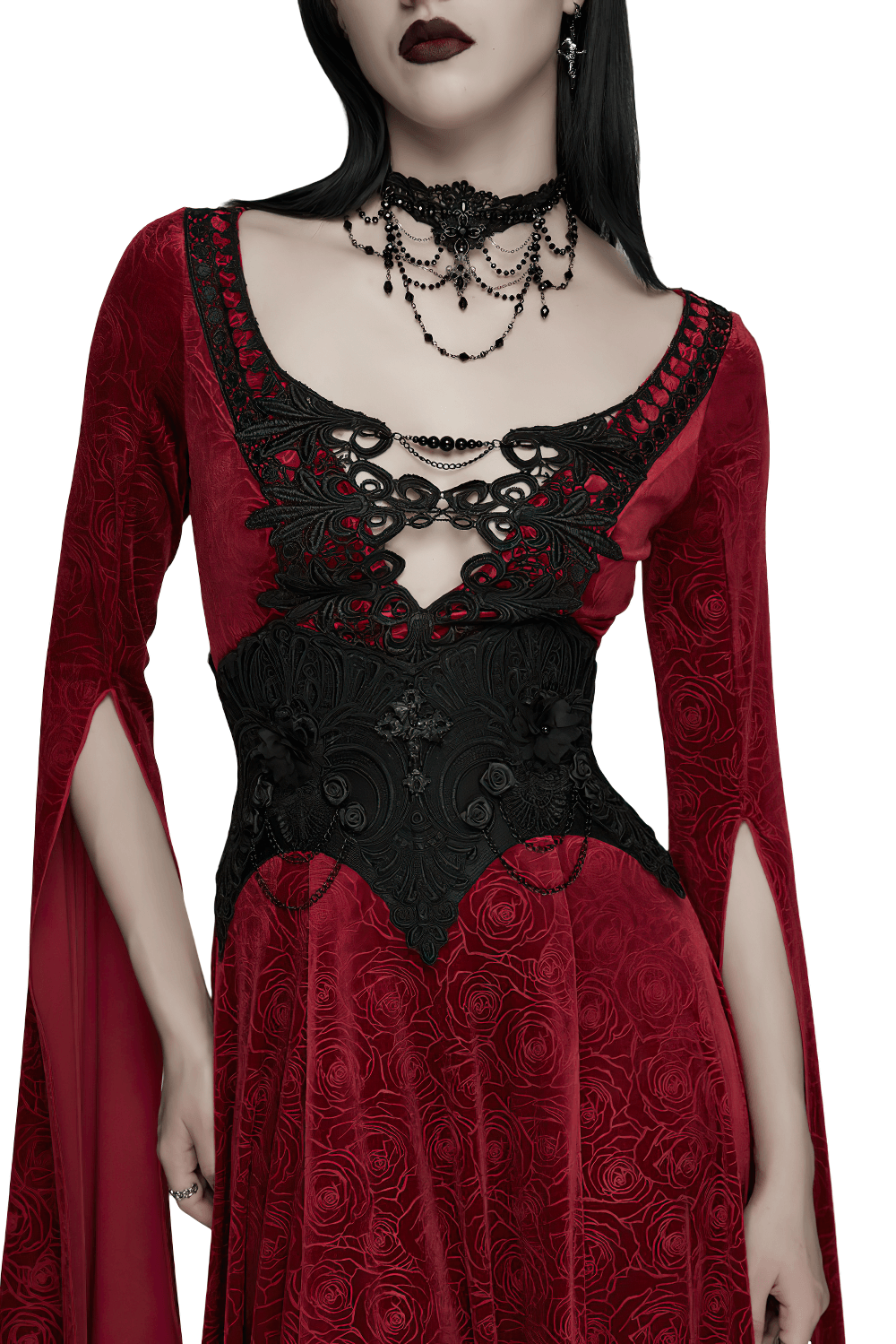 Gothic Lace-Up Corset Belt with Embroidery and Cross Details worn with a stunning red gown featuring intricate floral designs.