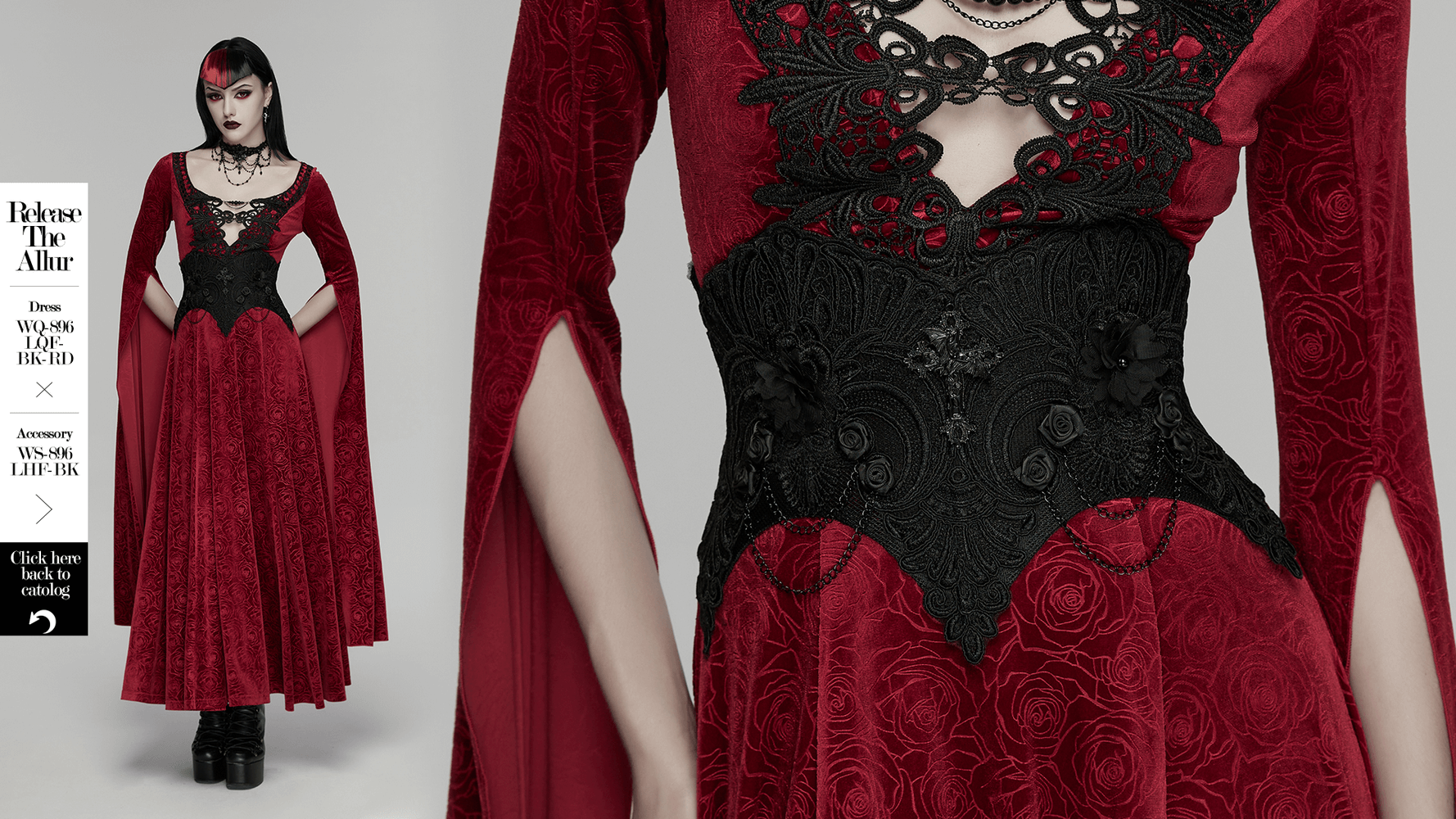 Gothic Lace-Up Corset Belt with Embroidery and Cross Details worn with a dramatic red dress, showcasing intricate design and elegance.