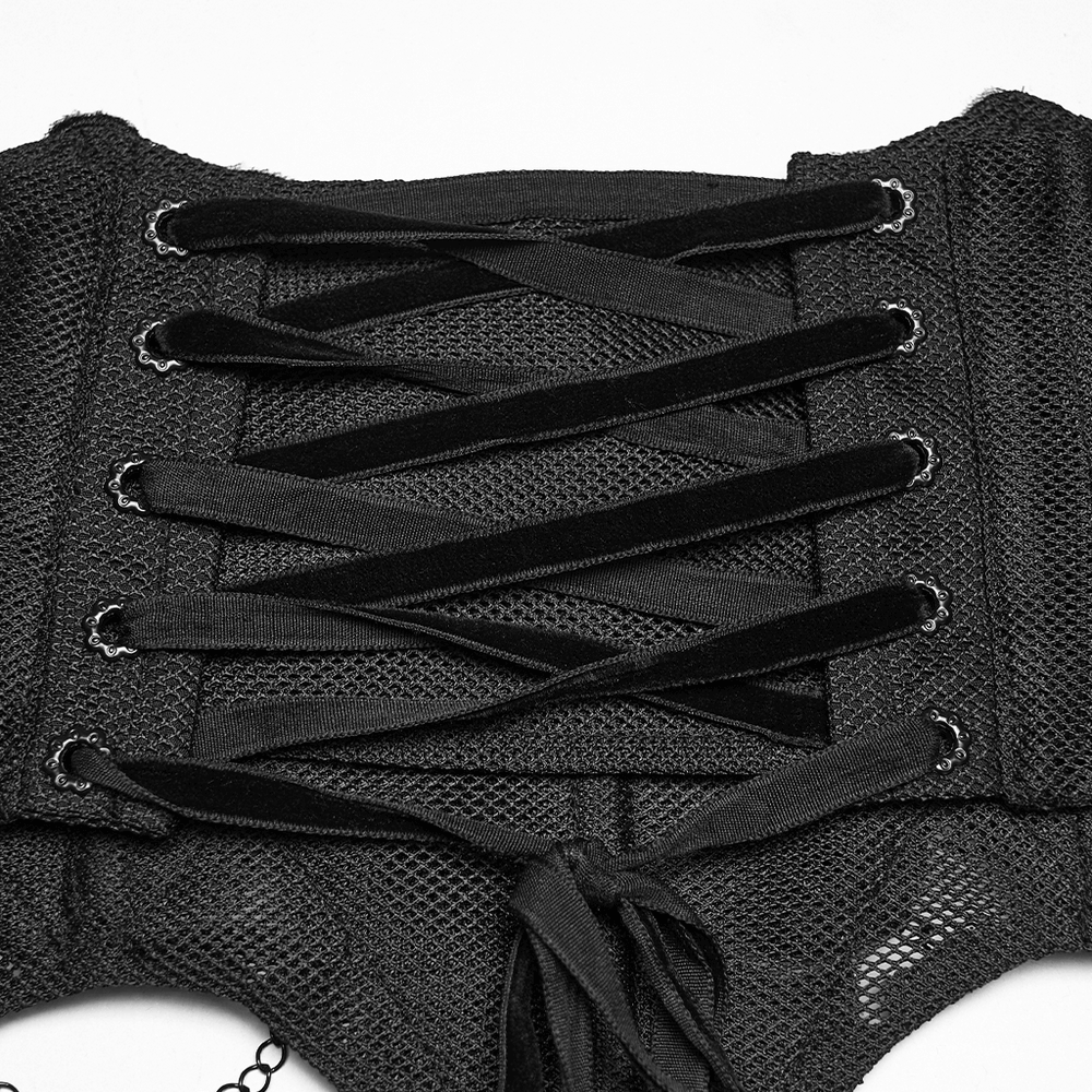 Gothic Lace-Up Corset Belt with Embroidery and Cross Details showing intricate lacing and fine mesh material.