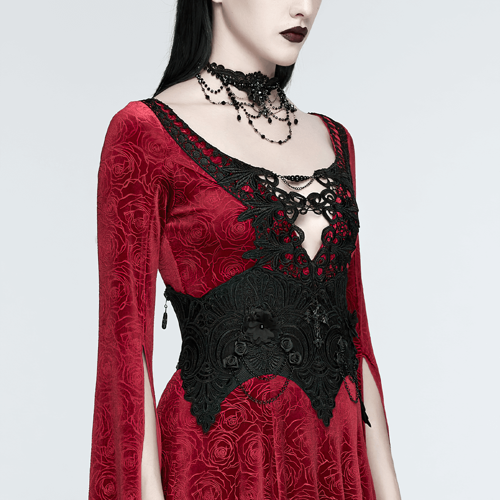 Gothic Lace-Up Corset Belt with Embroidery and Cross Details worn with a red rose-patterned dress, showcasing intricate design.