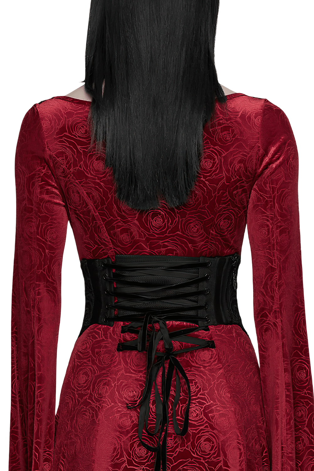 Gothic Lace-Up Corset Belt with Embroidery and Cross Details worn over a red rose-patterned dress from the back.