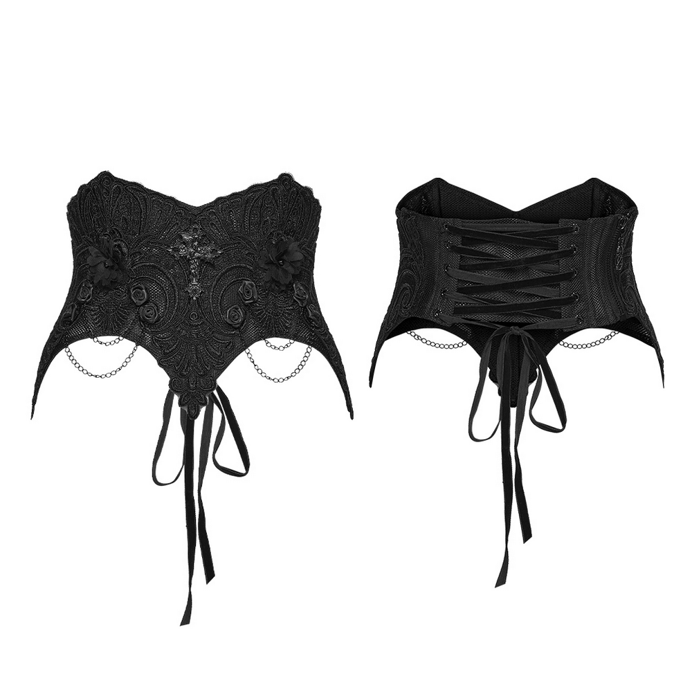 Gothic Lace-Up Corset Belt with Embroidery and Cross Details showcasing exquisite embroidery and floral patterns.