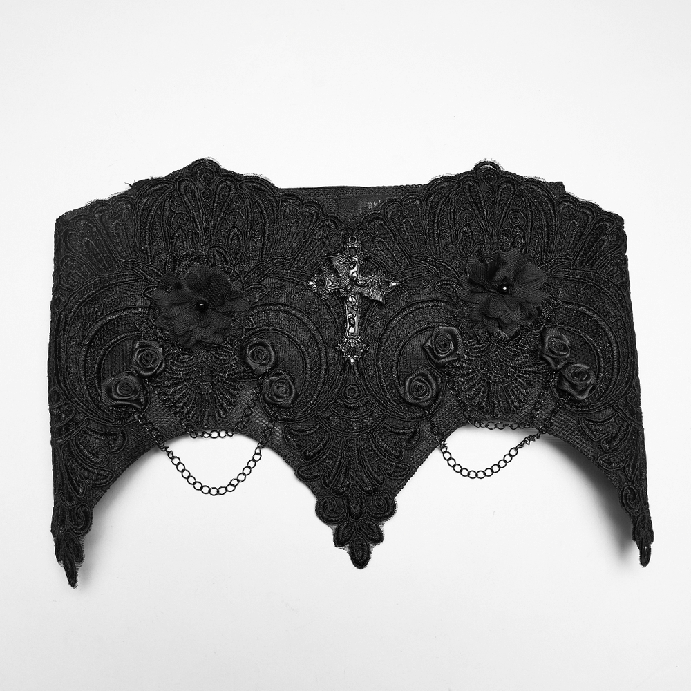 Gothic Lace-Up Corset Belt with Embroidery and Cross Details featuring intricate floral and cross designs.
