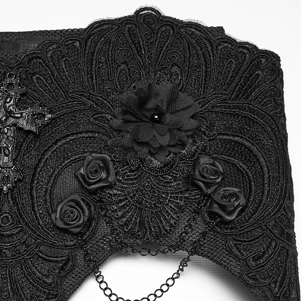 Gothic Lace-Up Corset Belt with Embroidery and Cross Details featuring intricate floral designs and beautiful cross embellishment.