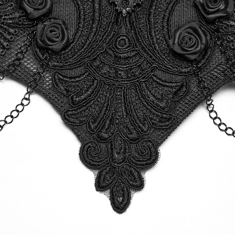 Gothic Lace-Up Corset Belt with Embroidery and Cross Details featuring intricate floral and chain designs.