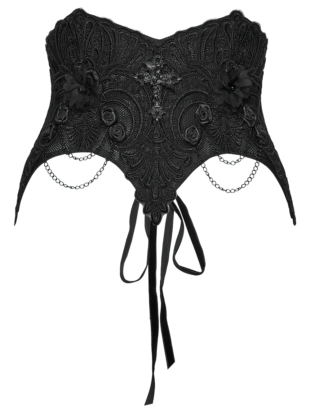 Gothic Lace-Up Corset Belt with Embroidery and Cross Details featuring intricate floral designs and chains.