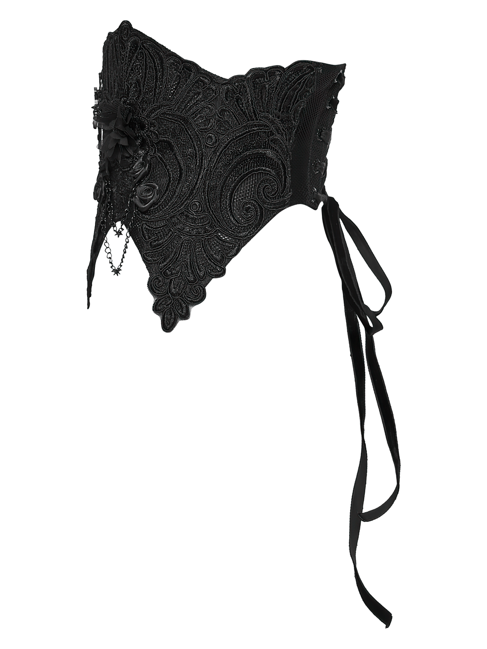 Gothic Lace-Up Corset Belt with Embroidery and Cross Details showcasing intricate floral and cross embroidery on a sharp corner design.