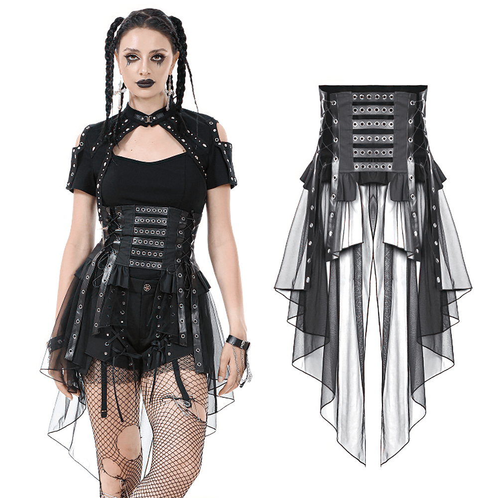 Gothic lace-up corset belt with layered tulle skirt, featuring bold grommets and dramatic flowing fabric.