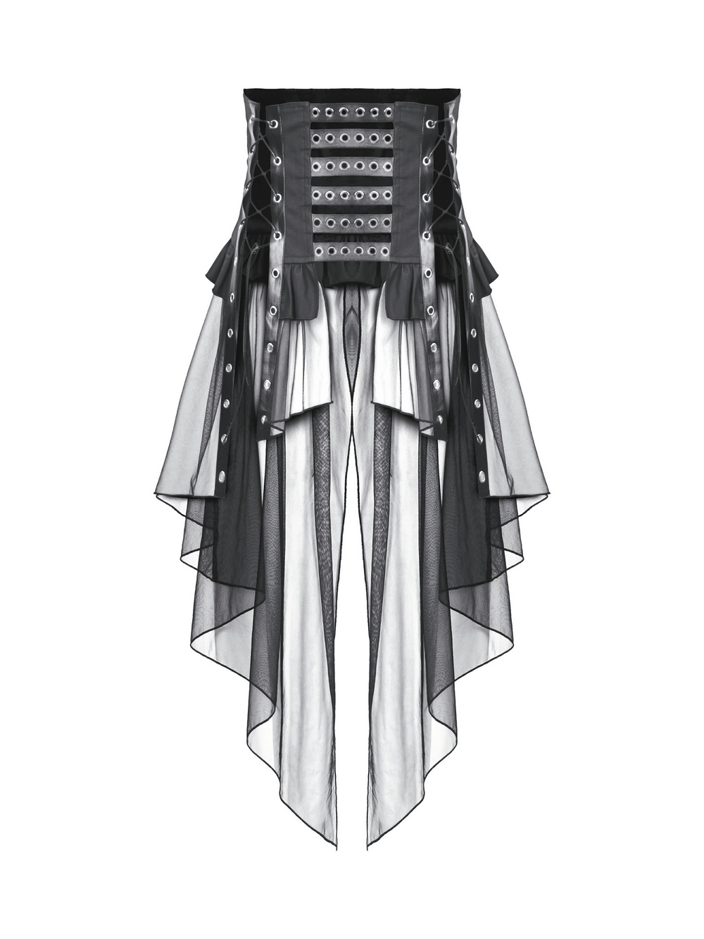 Gothic lace-up corset belt with layered tulle skirt and bold grommet accents for an edgy, alternative fashion look.