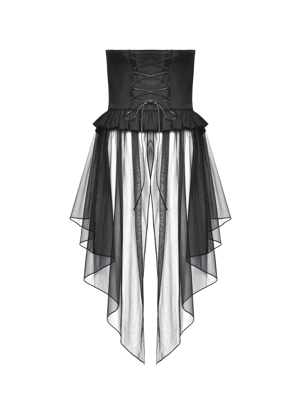 Gothic lace-up corset belt with layered tulle skirt, perfect for edgy, alternative fashion looks.
