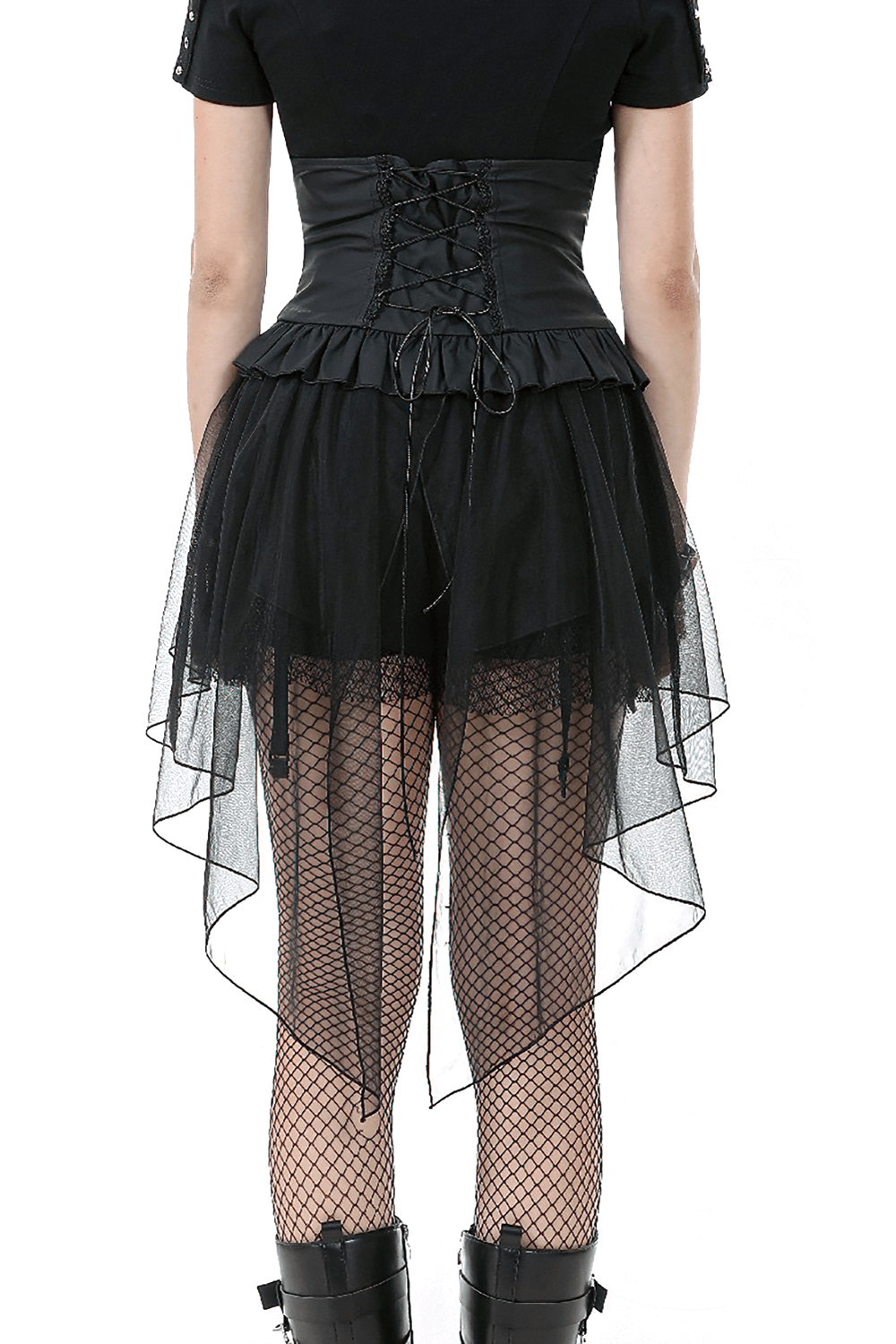 Back view of a Gothic lace-up corset belt paired with a layered tulle skirt, showcasing edgy style and bold accents.
