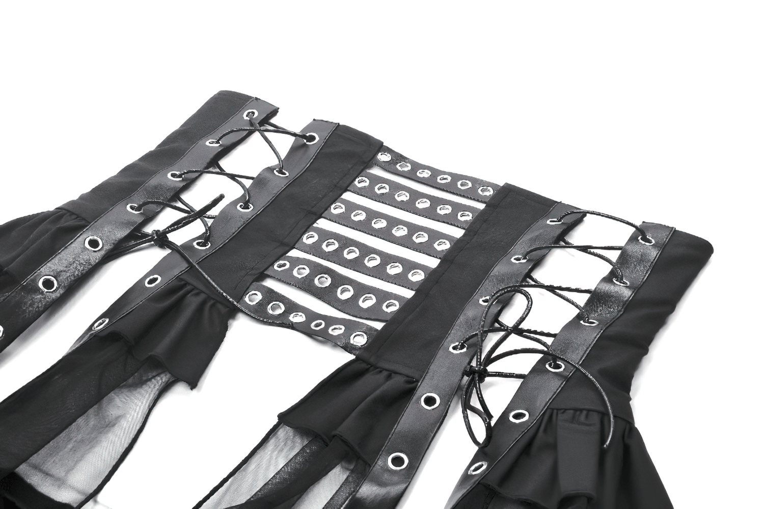 Gothic lace-up corset belt showcasing intricate grommet details and layered tulle accents, perfect for edgy alternative fashion.