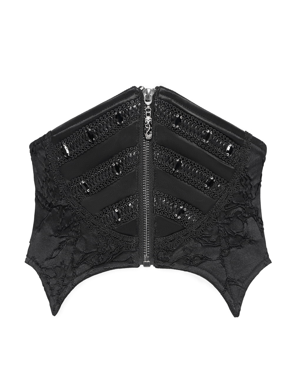 Gothic lace-up corset belt featuring zipper and bead details, perfect for edgy punk fashion.