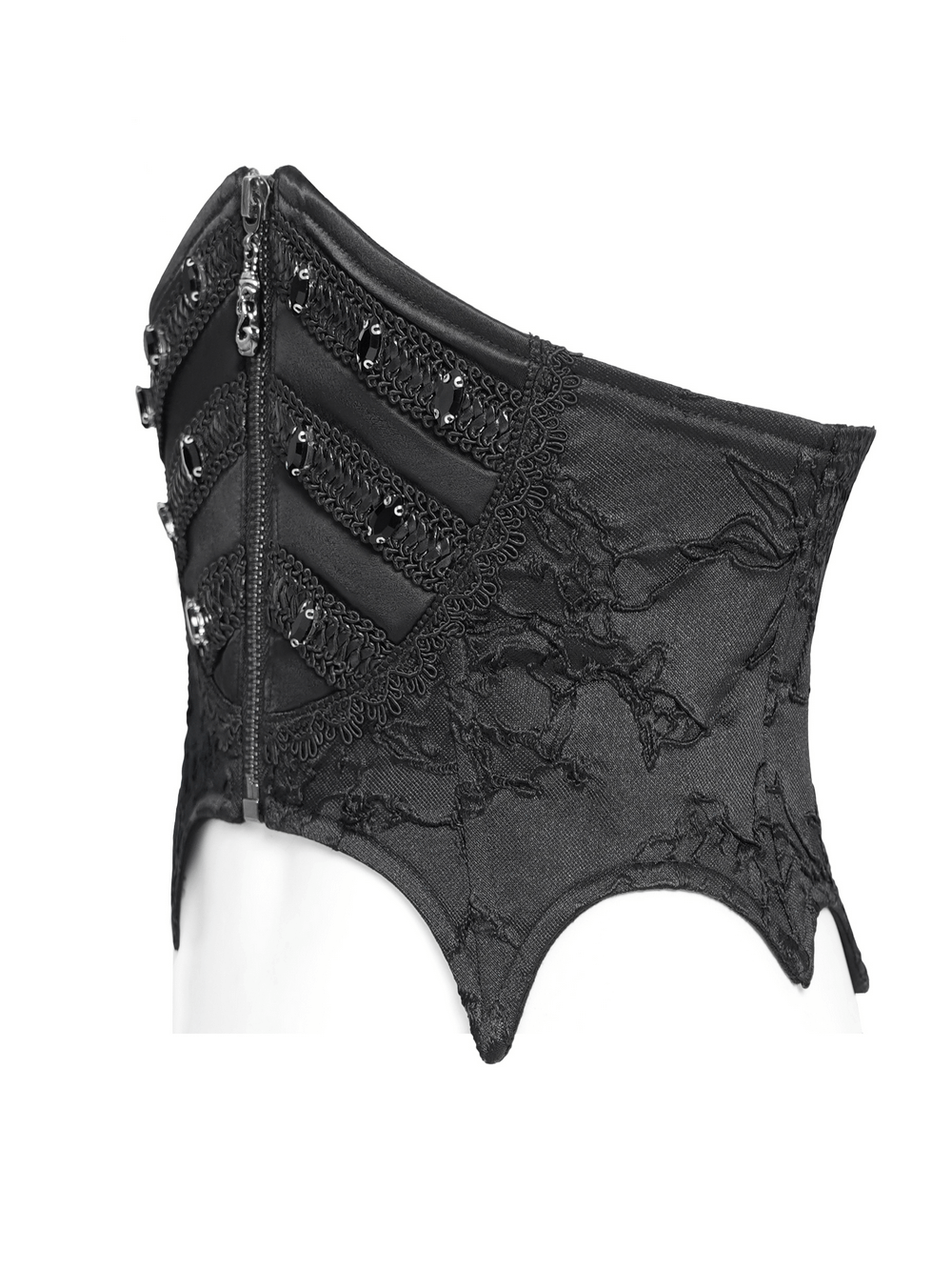 Gothic lace-up corset belt with zipper and intricate lace details, featuring bead embellishments for edgy style.