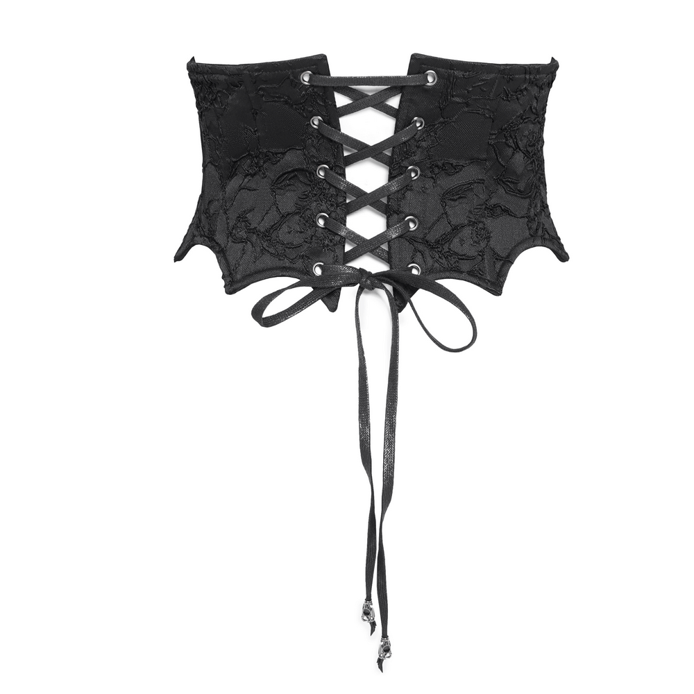 Gothic lace-up corset belt with intricate lace detailing and stylish back ties for a dark, edgy look.