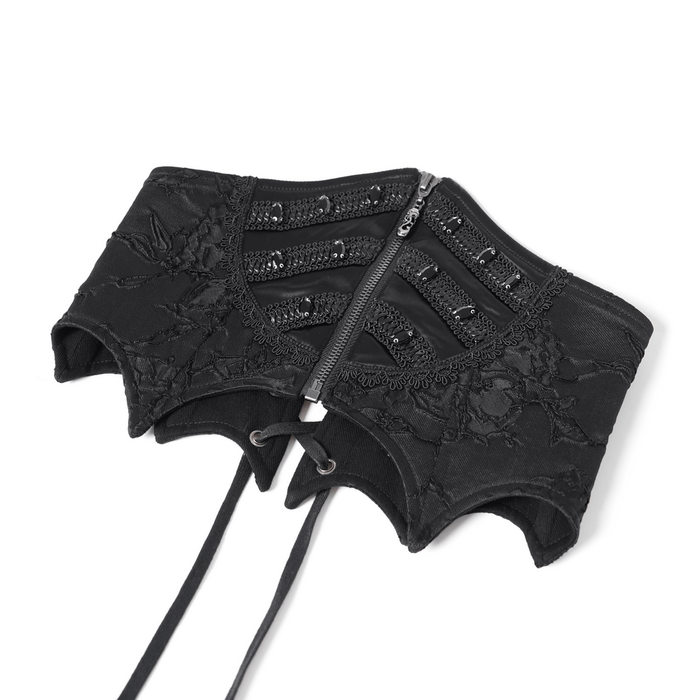 Gothic lace-up corset belt with zipper, detailed lace, and bead embellishments for a dark, edgy look.