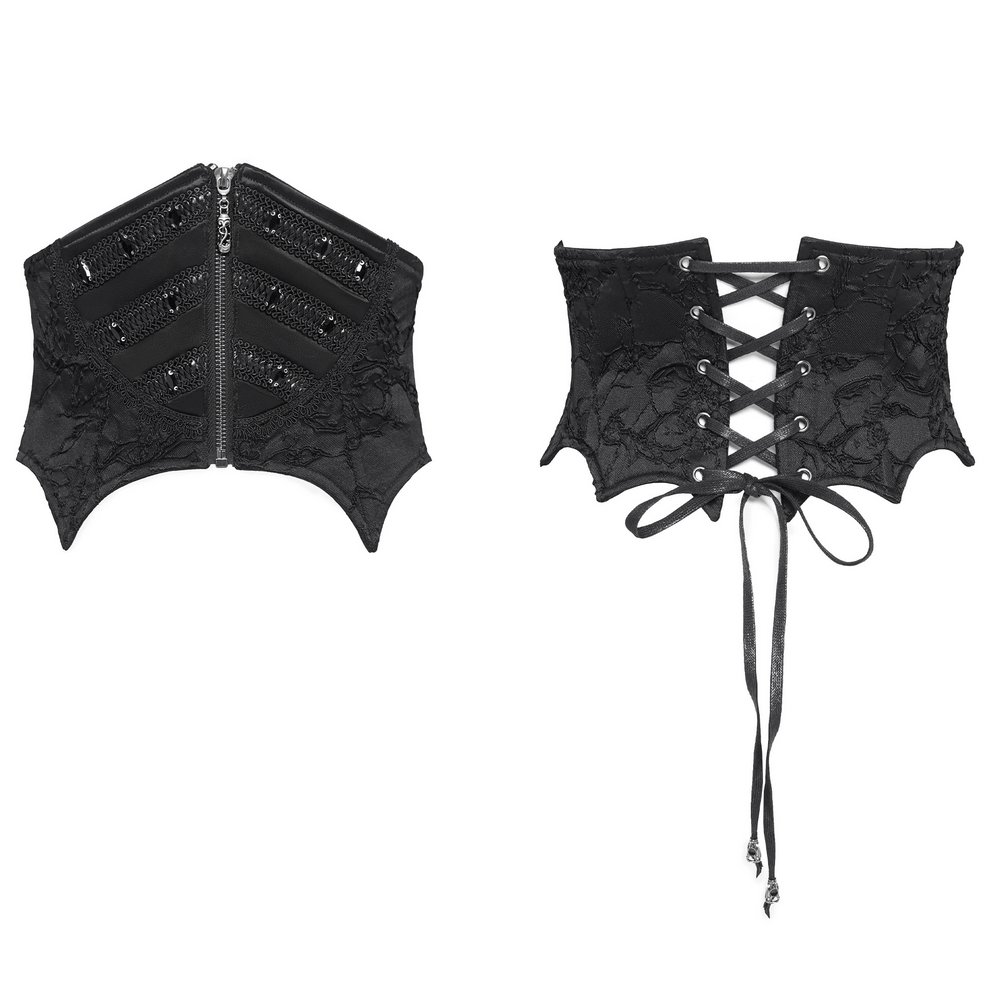 Gothic lace-up corset belt with zipper and intricate lace details, perfect for edgy fashion styles.