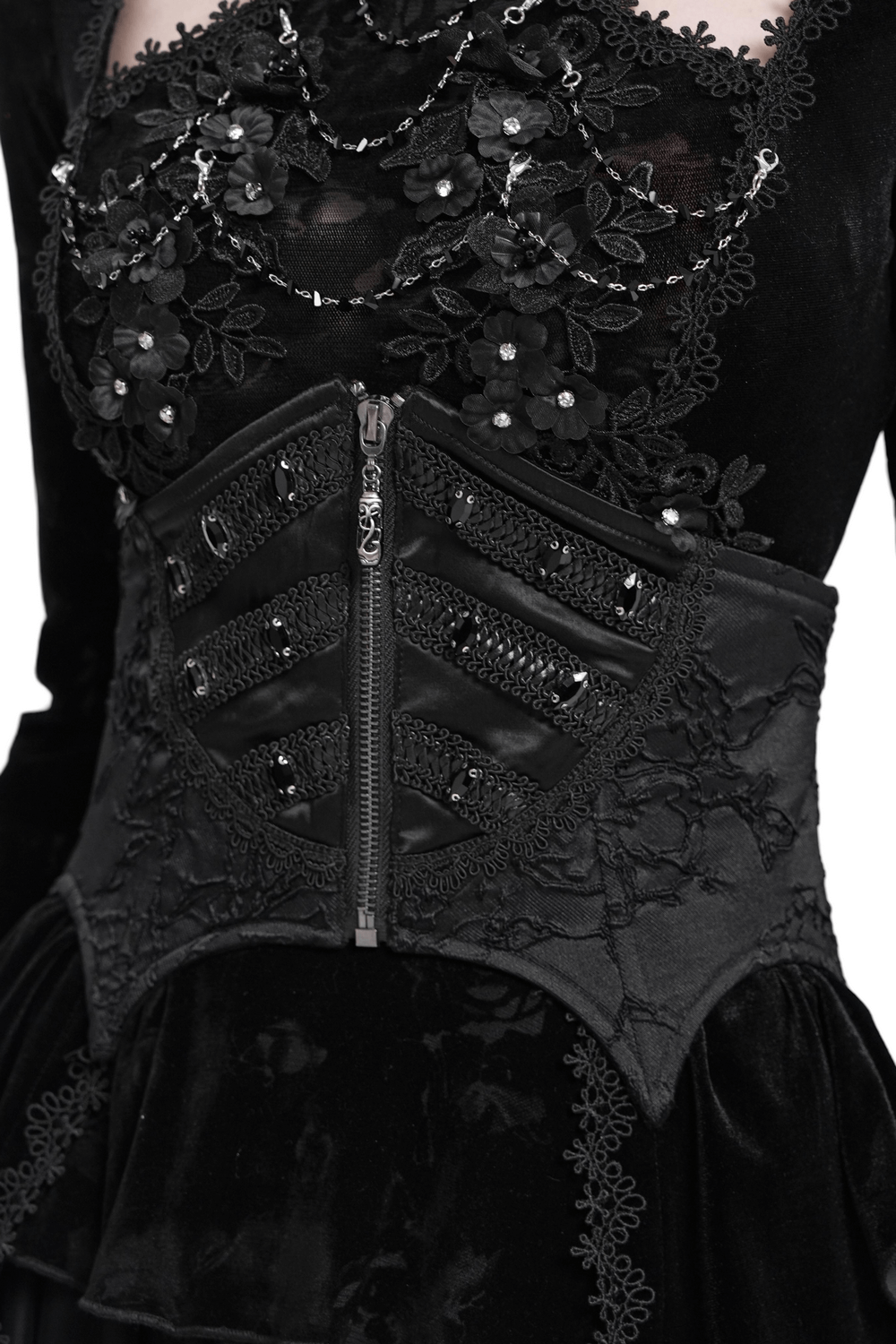 Gothic lace-up corset belt with zipper and intricate lace details, adorned with beads, perfect for edgy fashion.