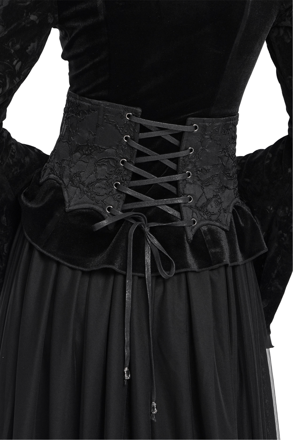 Close-up of a gothic lace-up corset belt with intricate lace details and stylish tie back, ideal for edgy fashion.
