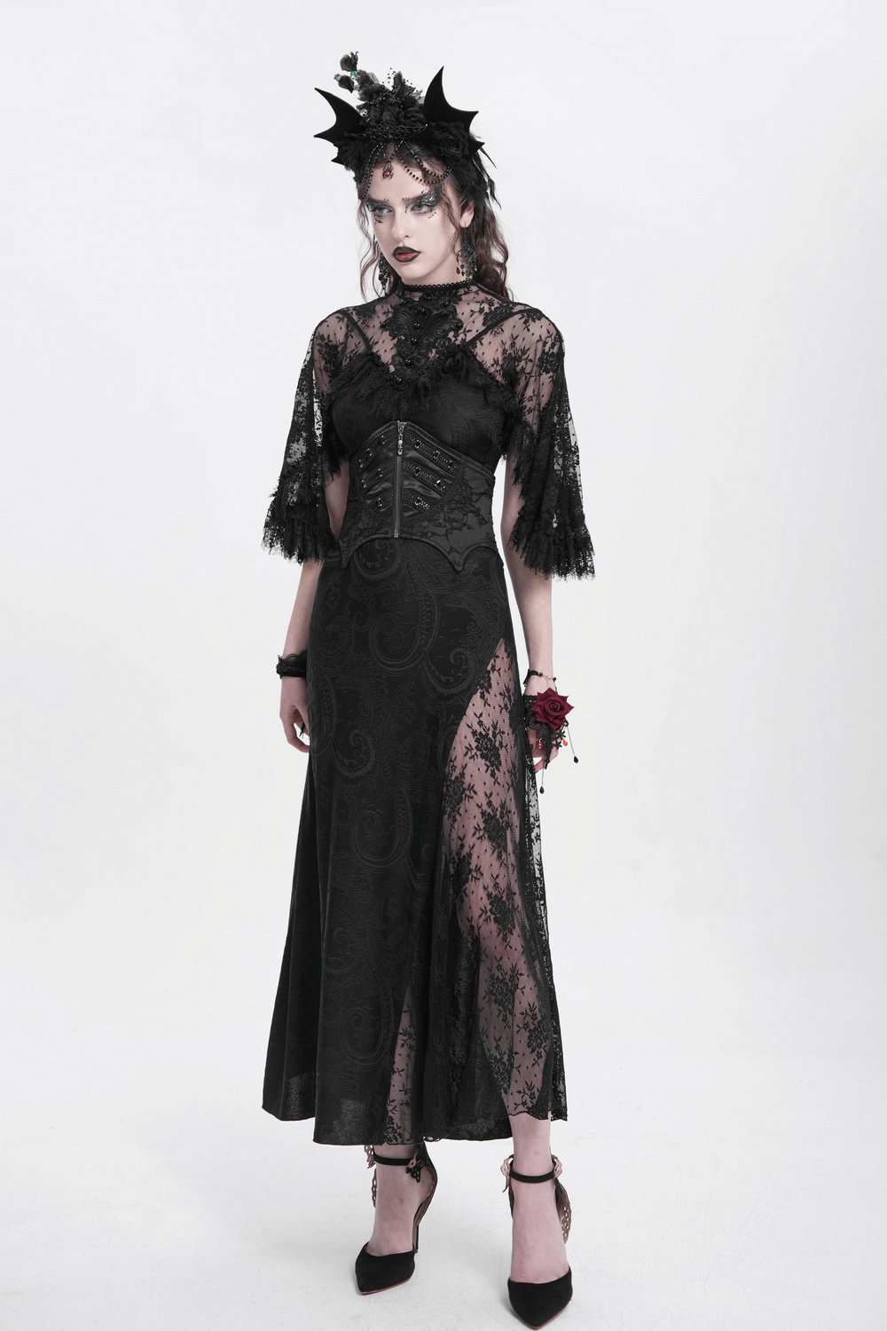 Gothic lace-up corset belt outfit with lace details and a dramatic black dress for edgy fashion.